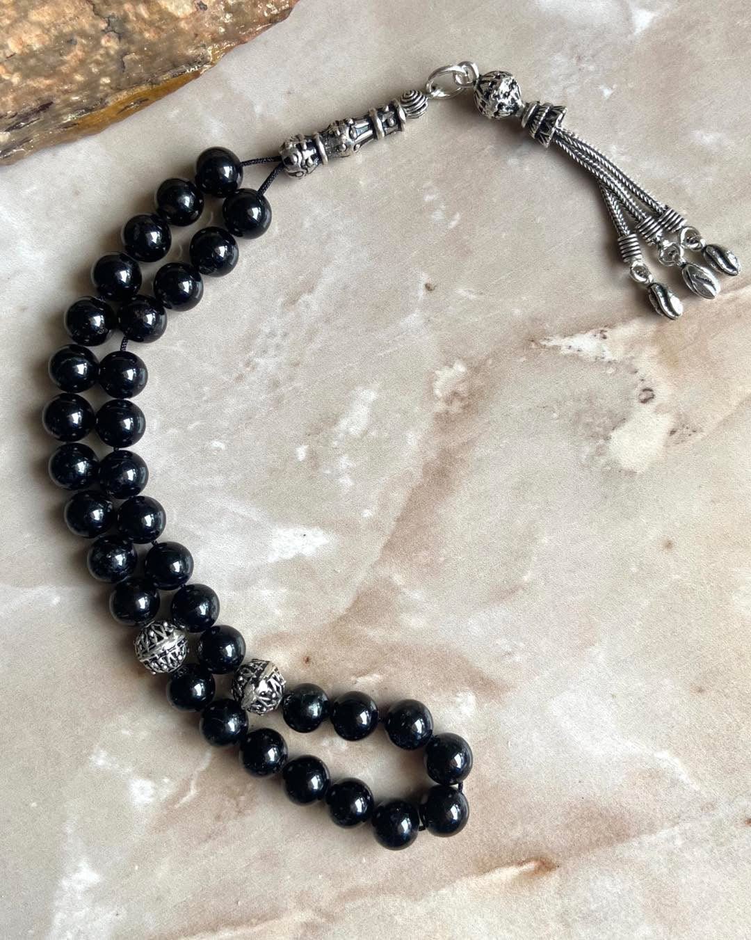 Black Tourmaline Silver Rosary - Dokkana Gemstones