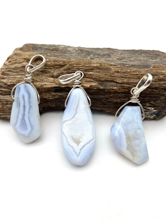 Blue Lace Agate Silver Pendants - Dokkana Gemstones