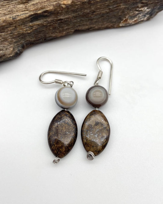 Bronzite & Agate Silver Earring - Dokkana Gemstones