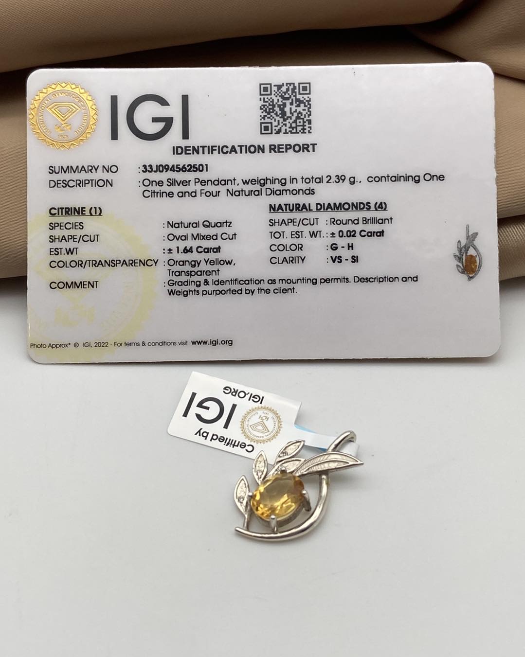 Citrine & Diamonds Silver Pendant - IGI Certified - Dokkana Gemstones