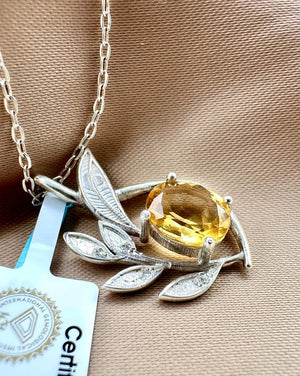 Citrine & Diamonds Silver Pendant - IGI Certified - Dokkana Gemstones