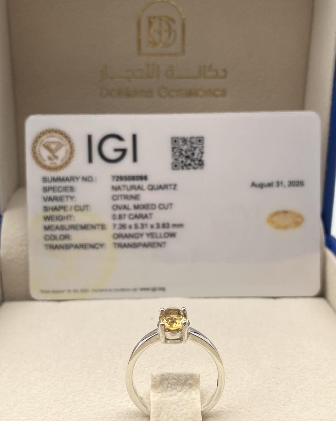 Citrine Silver Ring - IGI certified - 7x5 stone - Dokkana Gemstones