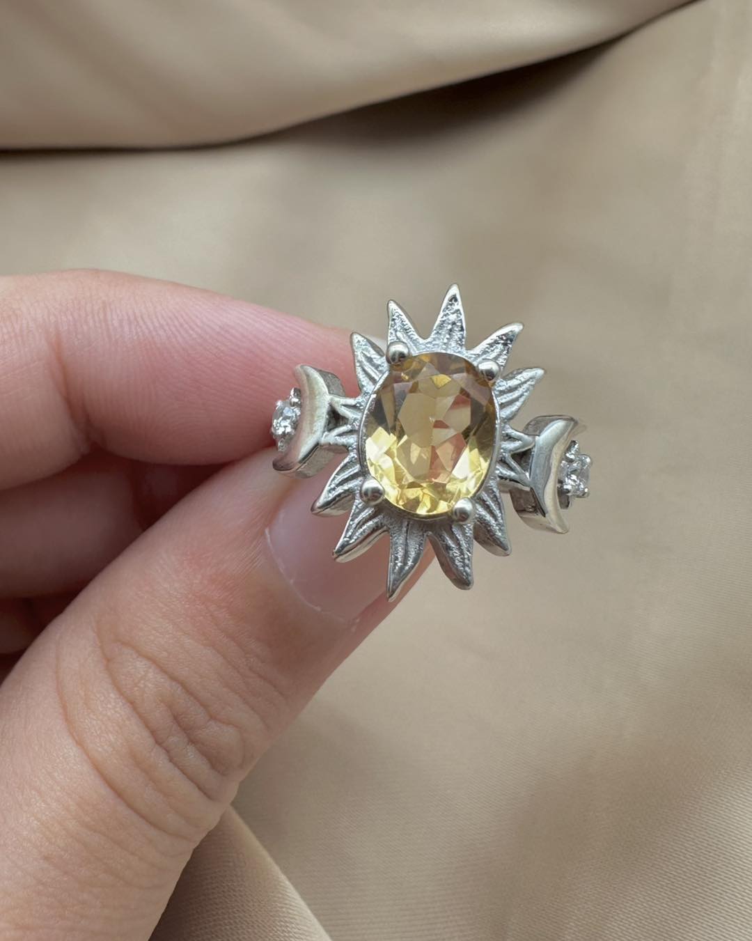 Citrine Silver Ring - Sun & Moon Design - Dokkana Gemstones
