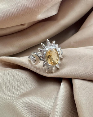 Citrine Silver Ring - Sun & Moon Design - Dokkana Gemstones