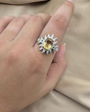 Citrine Silver Ring - Sun & Moon Design - Dokkana Gemstones