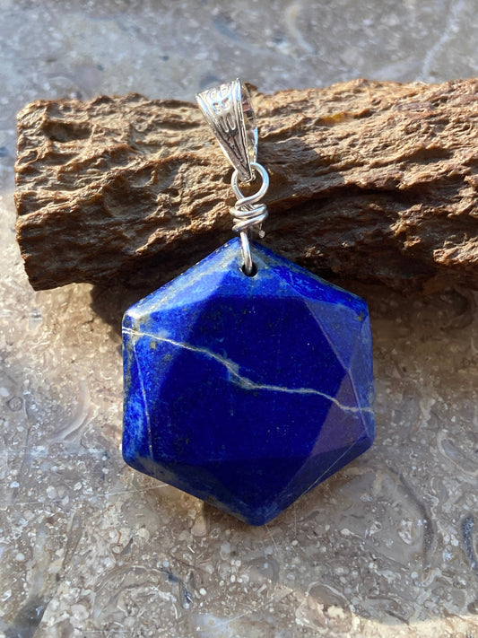 Lapis Lazuli Hexagonal Silver Pendant - Dokkana Gemstones