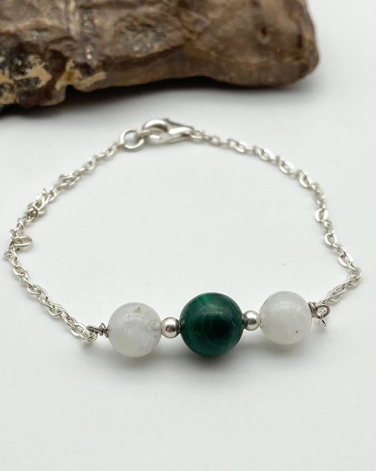 Moonstone & Malachite Silver Bracelet - Dokkana Gemstones