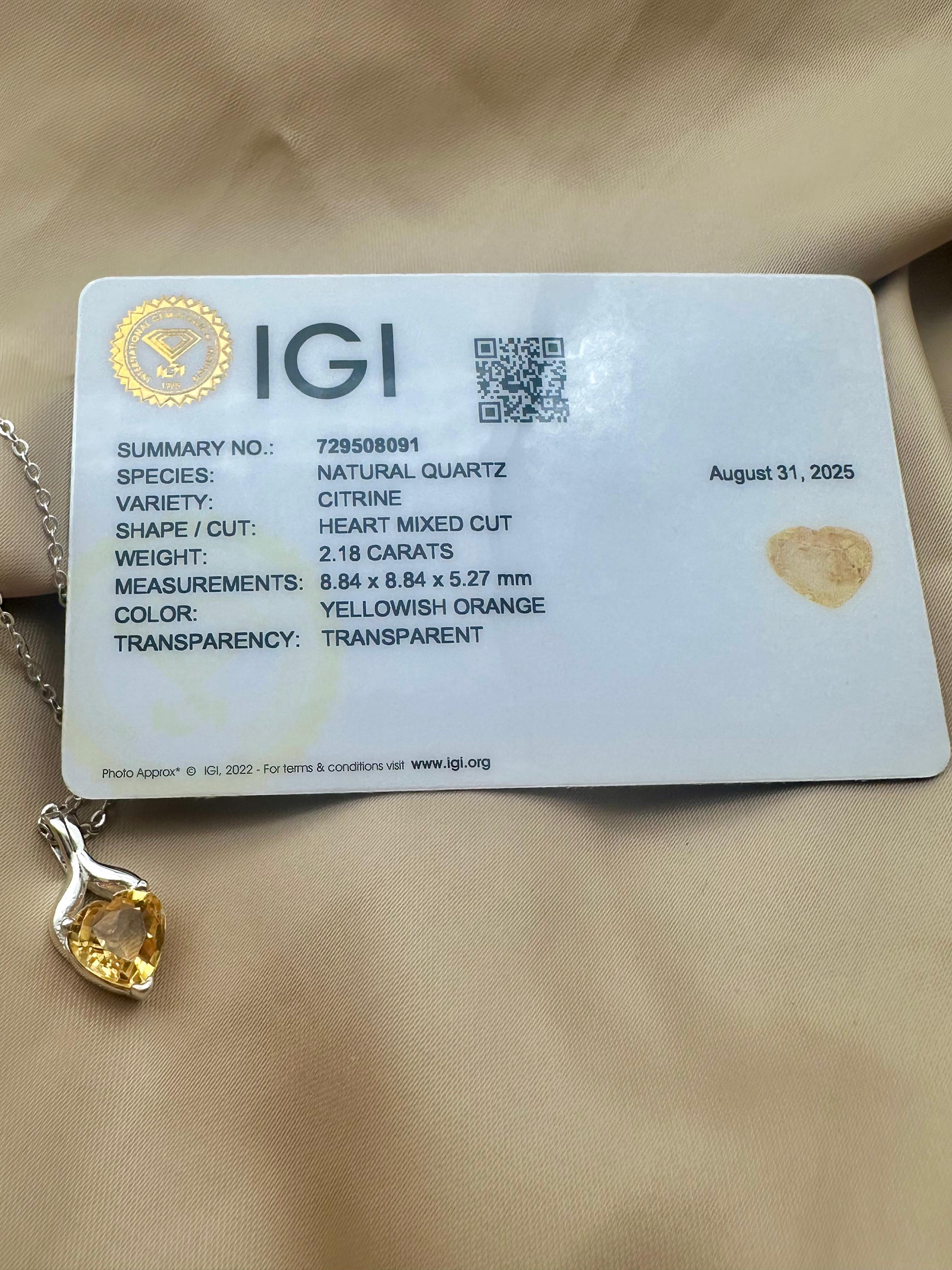 Natural Citrine Heart Silver Pendant - IGI certified - Dokkana Gemstones