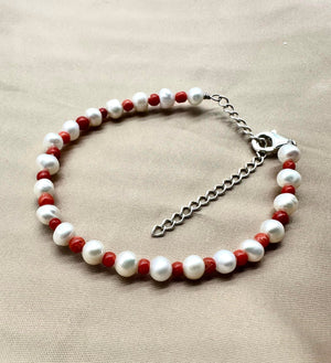 Pearl & Red Coral Silver Bracelet - Dokkana Gemstones
