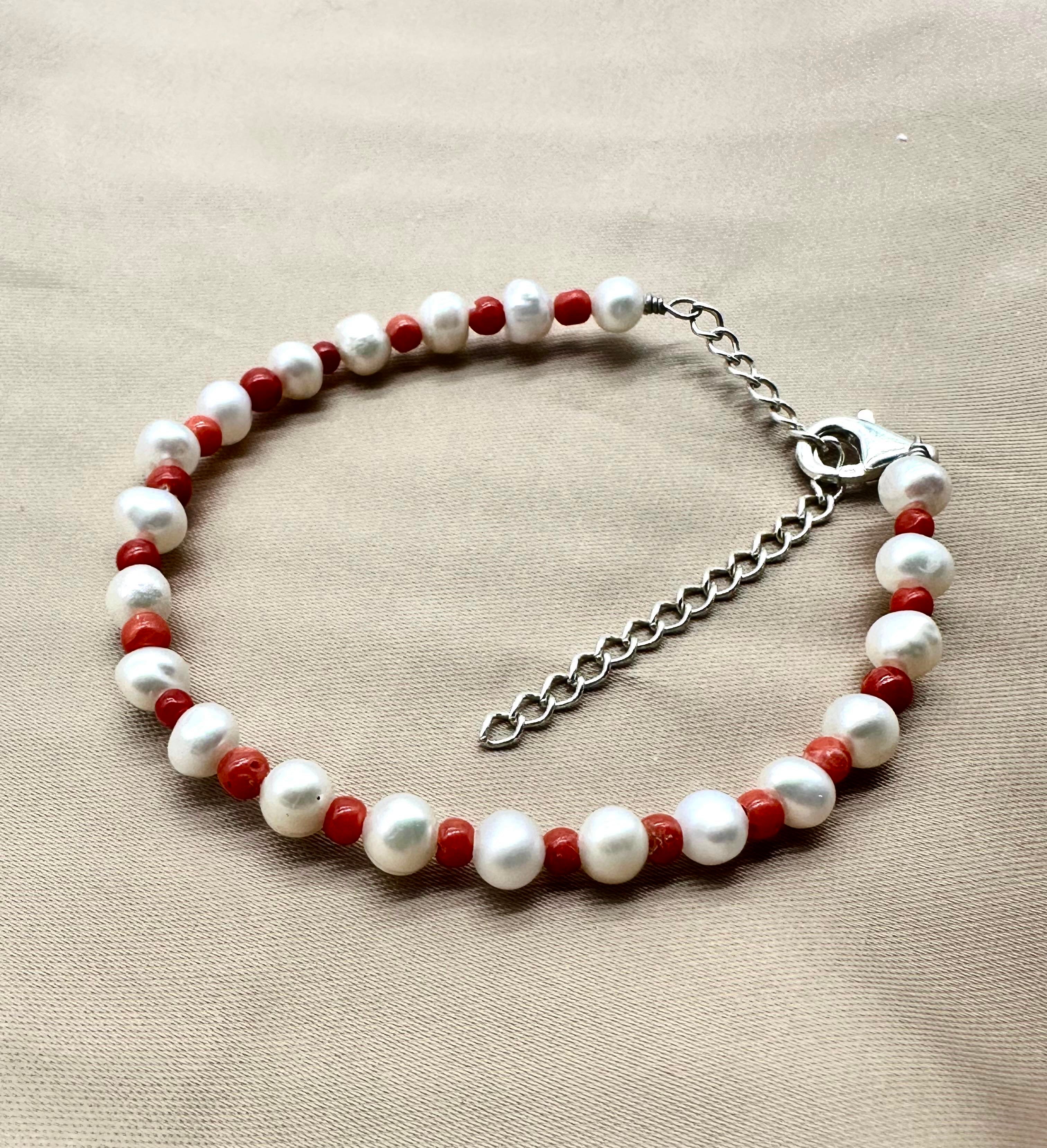 Pearl & Red Coral Silver Bracelet - Dokkana Gemstones