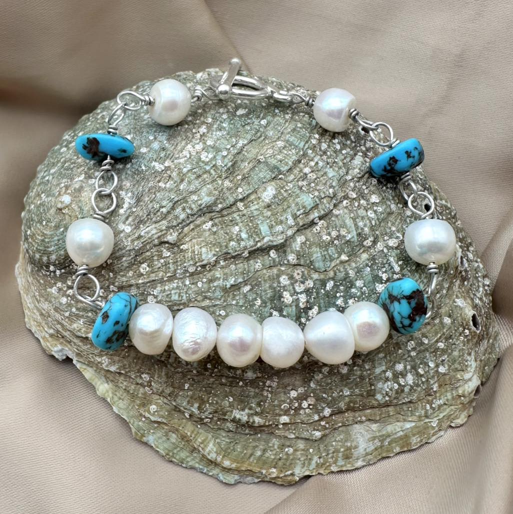 Pearl & Turquoise Silver Bracelet - Dokkana Gemstones