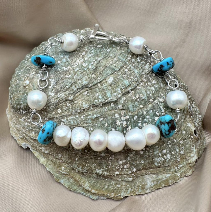 Pearl & Turquoise Silver Bracelet - Dokkana Gemstones