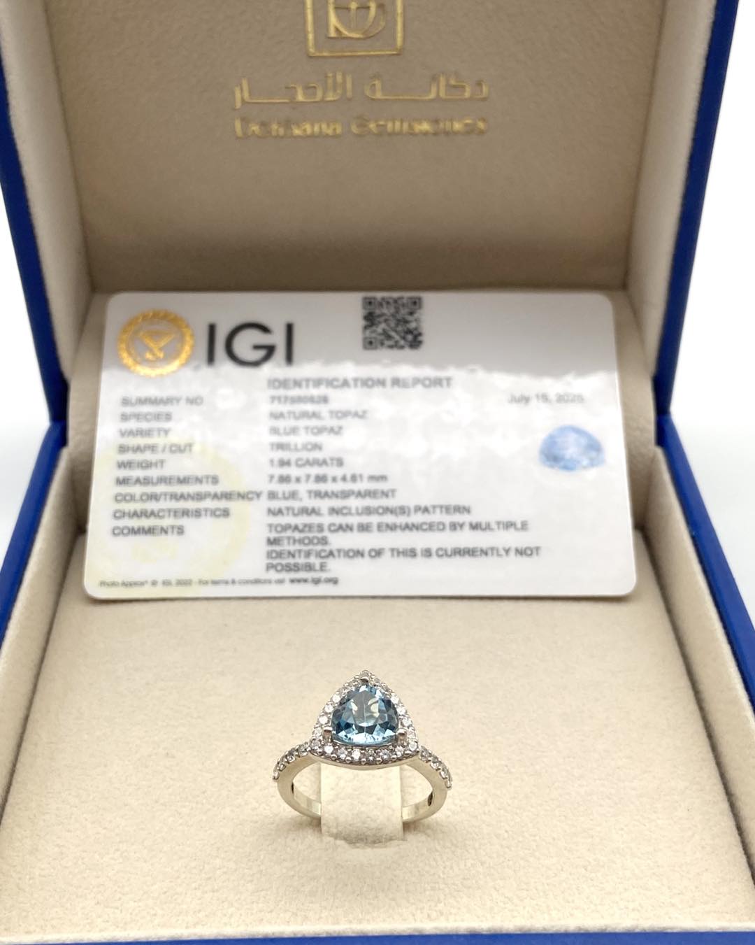 Topaz Trillion Silver Ring - IGI Certified - Dokkana Gemstones