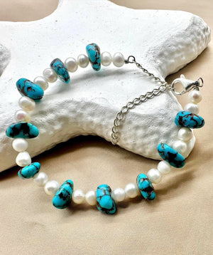 Turquoise & Pearl Silver Bracelet - Dokkana Gemstones