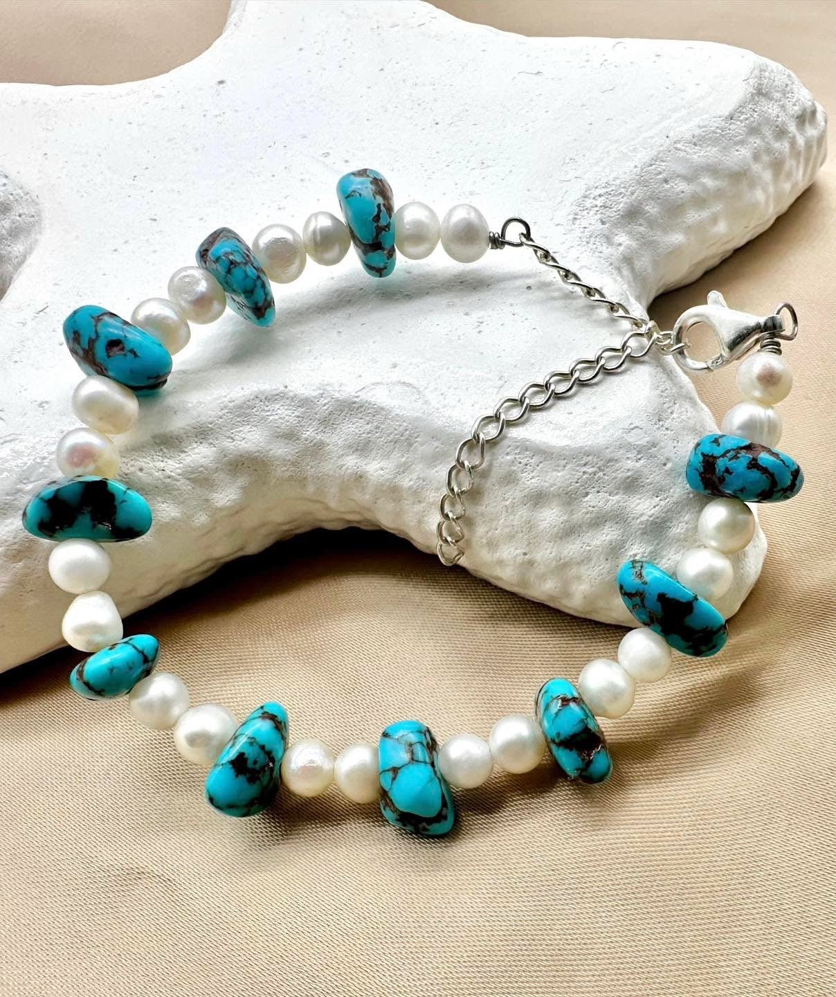 Turquoise & Pearl Silver Bracelet - Dokkana Gemstones